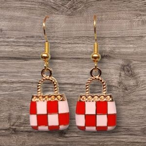 Red and White  Checkered Purse Earrings 279